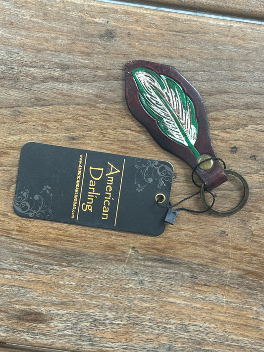American Darling Green Feather Leather Keychain