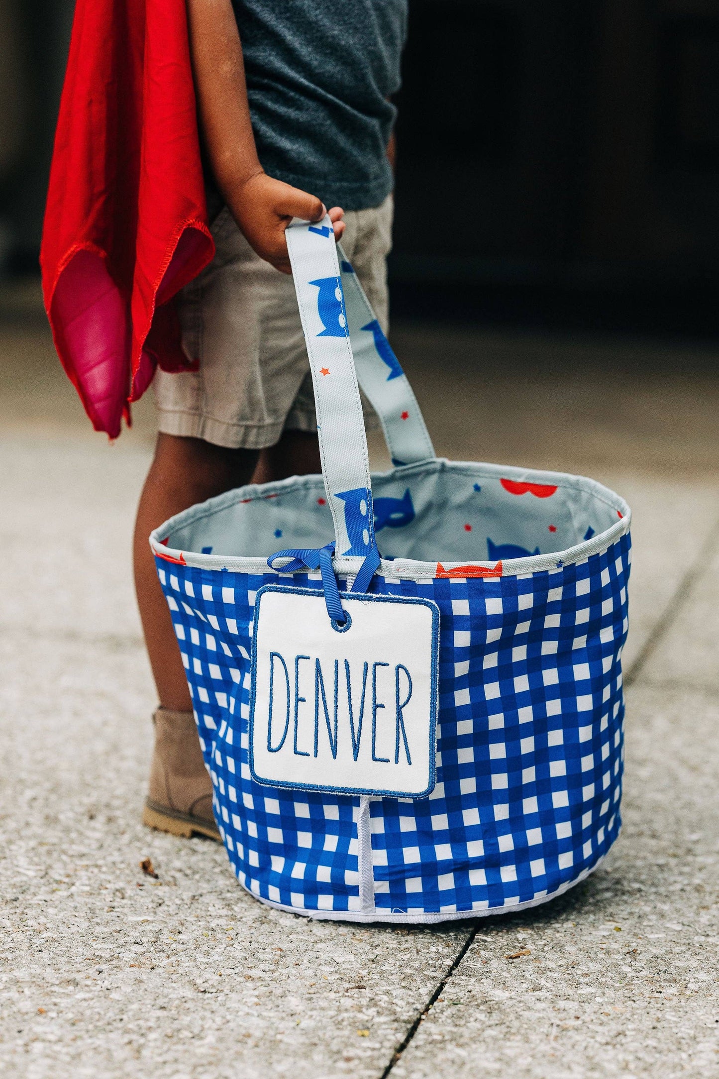 Superhero/Blue Plaid Round Storage Bin