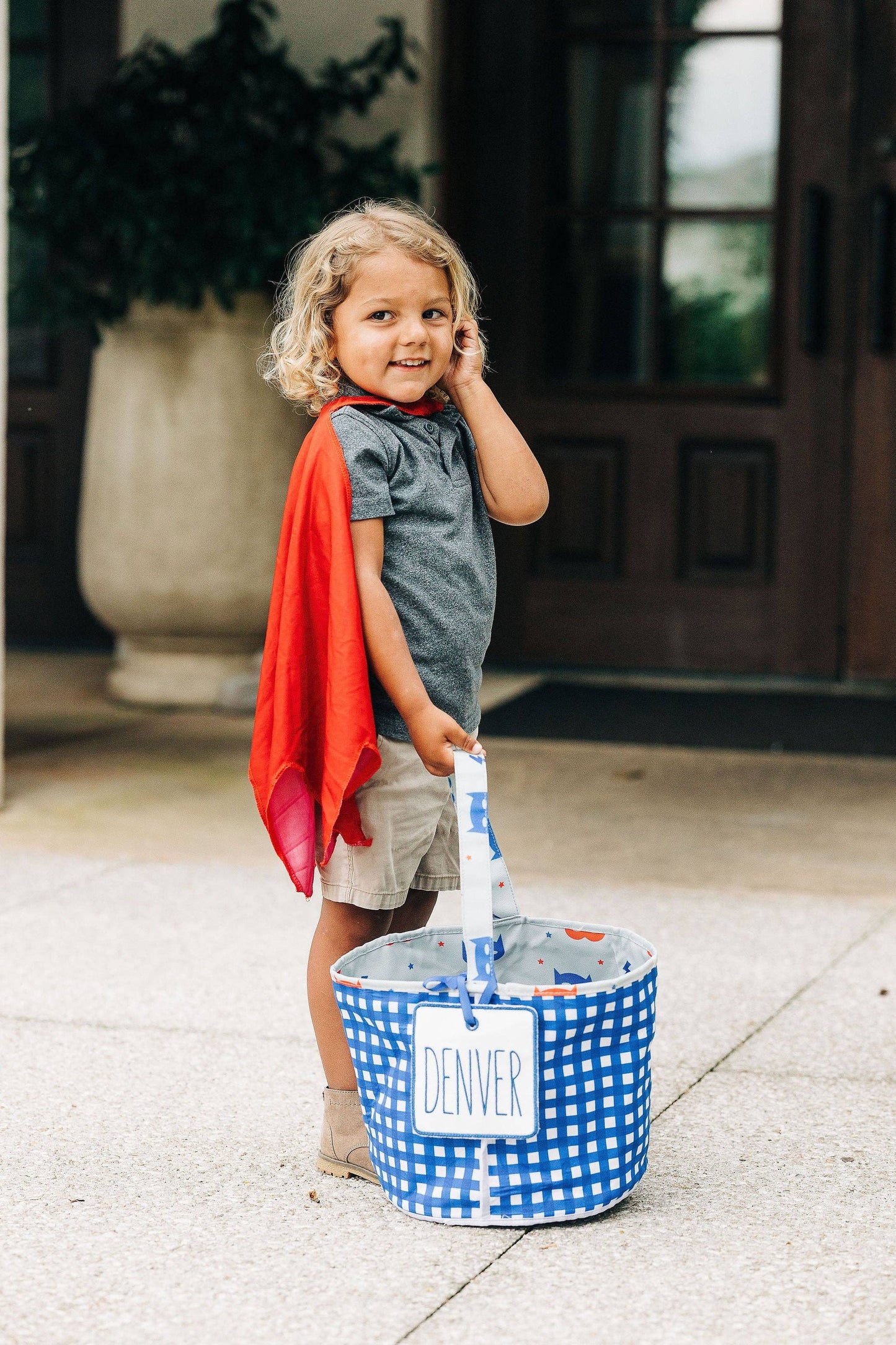 Superhero/Blue Plaid Round Storage Bin