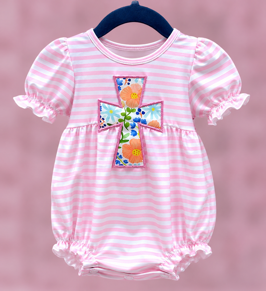 Pink Striped Floral Cross Bubble