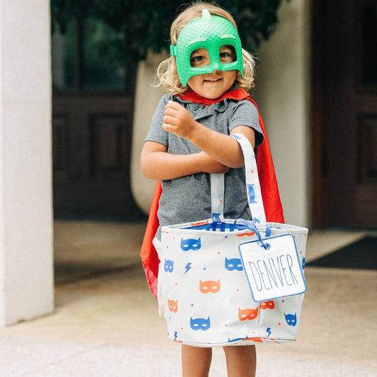 Superhero/Blue Plaid Round Storage Bin