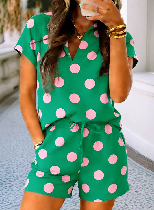 Polka Dot Print V Neck & Short Set